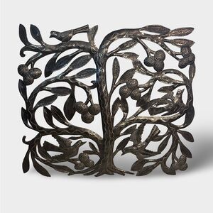 Metal Tree Wall Art with Birds and Fruit